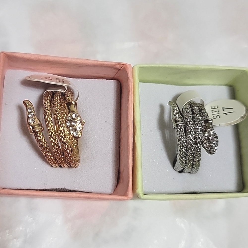 New Snake Ring Sparkling Crystal Head & Tail Gold Silver Tone Stainless Steel